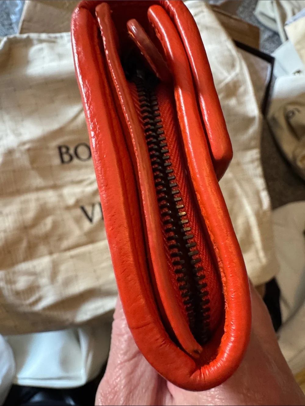 Bottega Veneta Orange Woven Leather Flap Wallet with Python Accents
